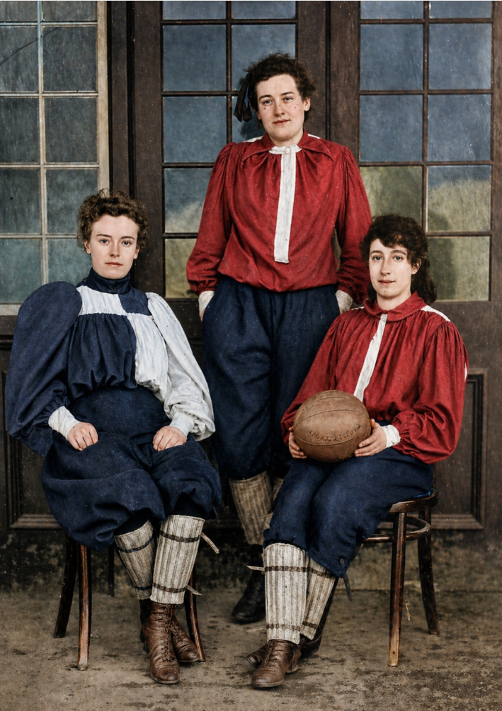 Nettie Honeyball, Helen Matthew, and a third player in North and South team colours, colourised